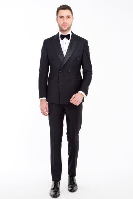 Siyah Slim Fit Dar Kesim Kruvaze Smokin / Damatlık