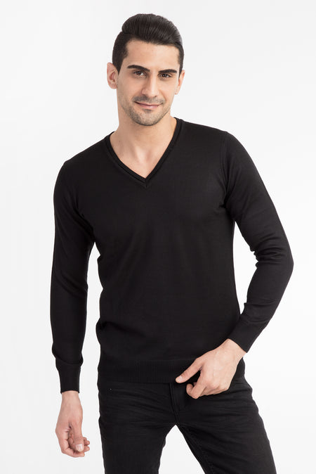 Siyah V Yaka Regular Fit Yünlü Triko Kazak