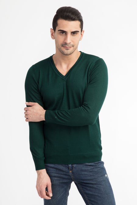 Koyu Yesil V Yaka Regular Fit Yünlü Triko Kazak