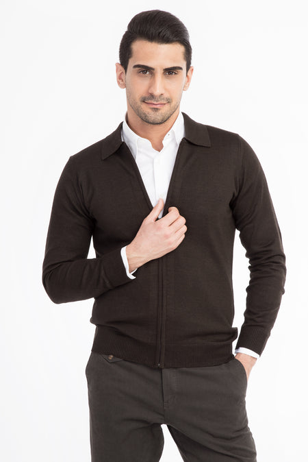 Kahve Polo Yaka Regular Fit Yünlü Fermuarlı Hırka