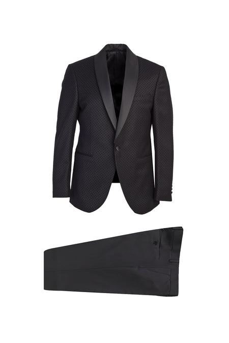 Siyah Slim Fit Dar Kesim Yünlü Desenli Smokin & Damatlık
