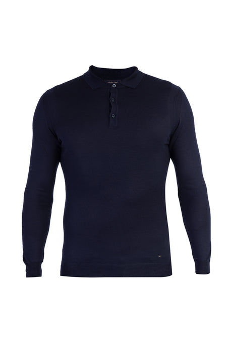 Lacivert Polo Yaka Regular Fit Yünlü Triko Kazak