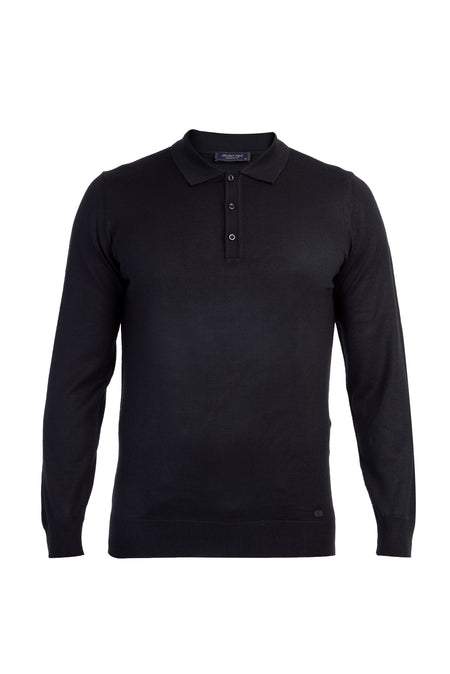 Siyah Polo Yaka Regular Fit Yünlü Triko Kazak