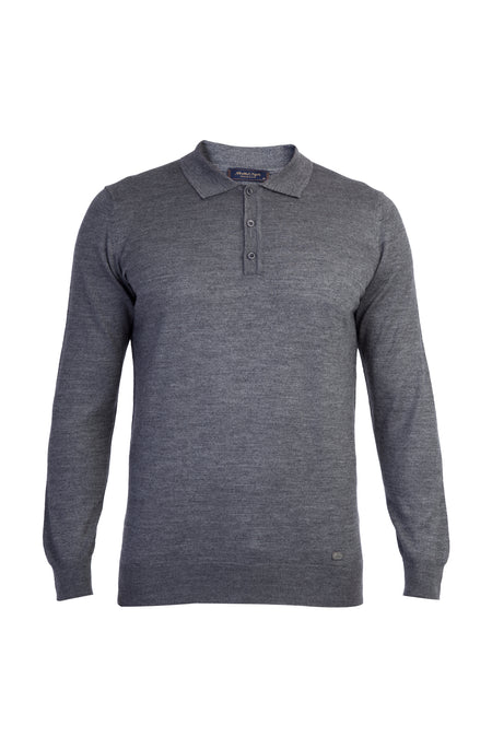 Orta Füme Polo Yaka Regular Fit Yünlü Triko Kazak