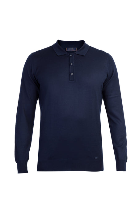 Lacivert Polo Yaka Regular Fit Yünlü Triko Kazak