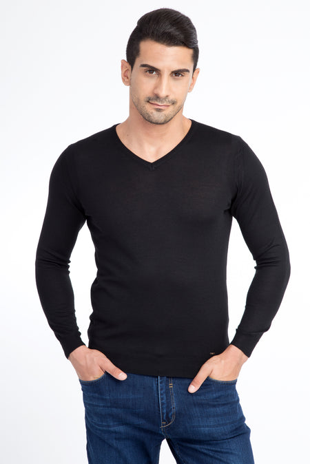 Siyah V Yaka Regular Fit Yünlü Triko Kazak