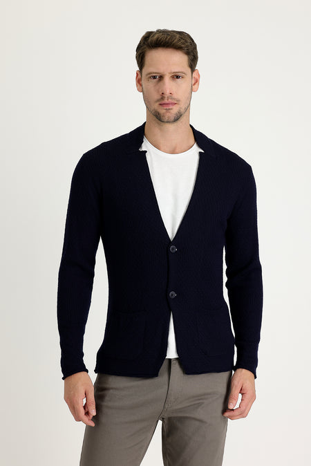 Lacivert Slim Fit Dar Kesim Yünlü Triko Hırka