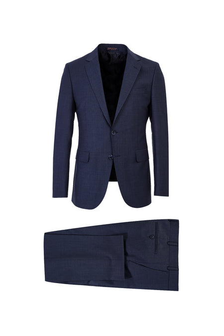 Orta Lacivert Slim Fit Dar Kesim Yünlü Klasik Kuşgözü Takım Elbise