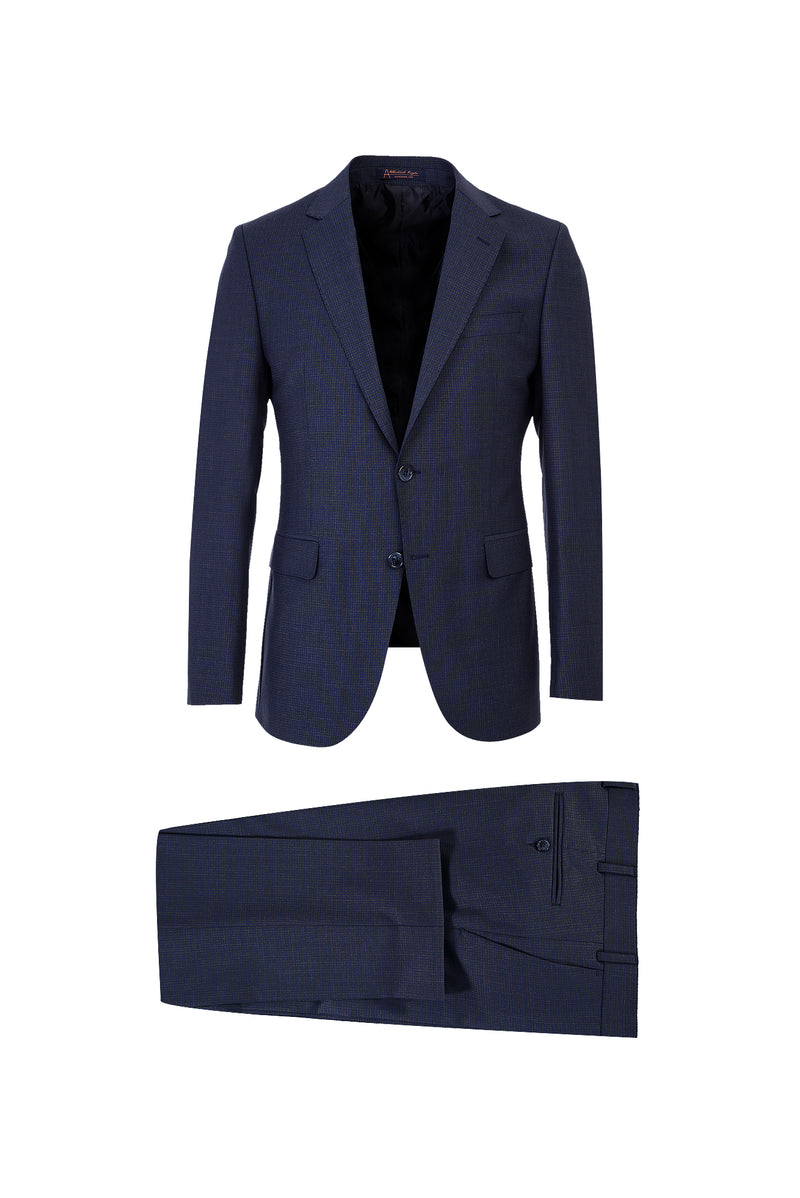 Orta Lacivert Slim Fit Dar Kesim Yünlü Klasik Kuşgözü Takım Elbise