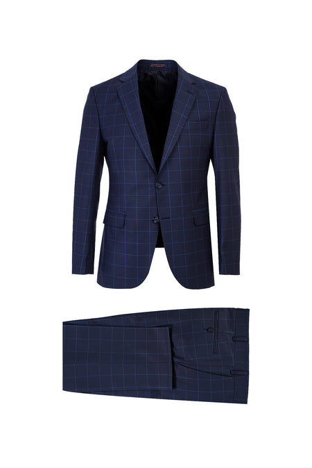 Koyu Lacivert Slim Fit Dar Kesim Yünlü Kareli Takım Elbise