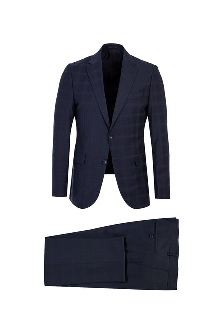 Koyu Lacivert Slim Fit Dar Kesim Yünlü Klasik Ekose Takım Elbise