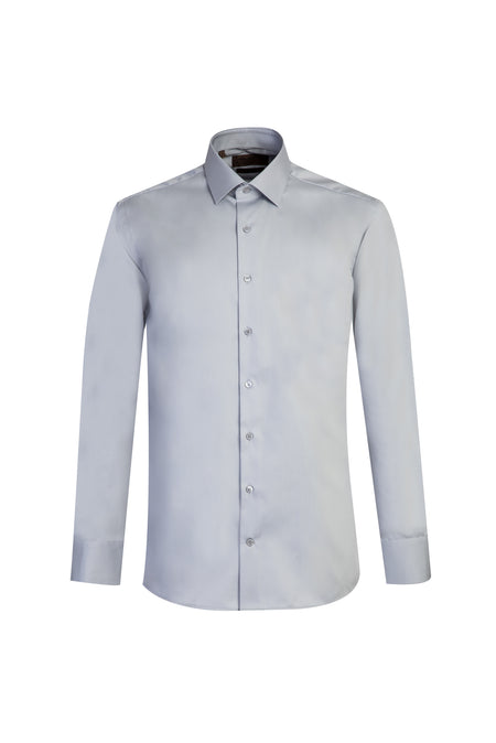 Açık Gri Uzun Kol Slim Fit Dar Kesim Klasik Non Iron Saten Pamuk Gömlek