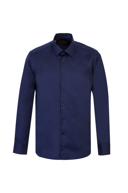 Koyu Lacivert Uzun Kol Slim Fit Dar Kesim Klasik Non Iron Saten Pamuk Gömlek
