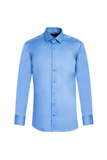 Koyu Mavi Uzun Kol Slim Fit Dar Kesim Klasik Non Iron Saten Pamuk Gömlek