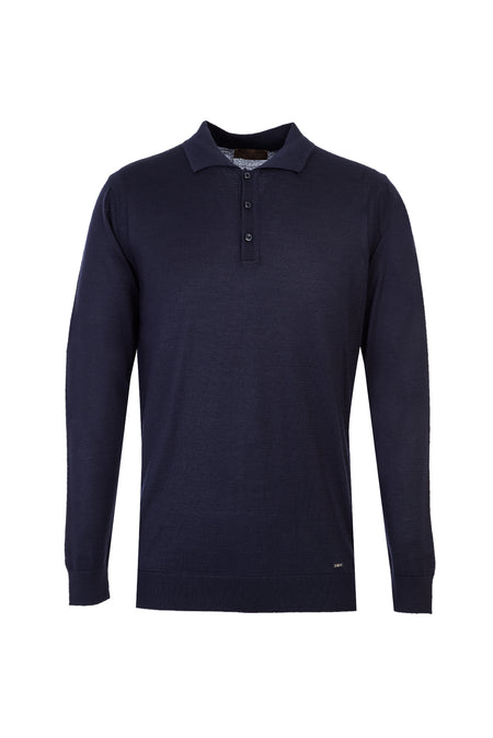 Orta Lacivert Polo Yaka Regular Fit Yünlü Triko Kazak