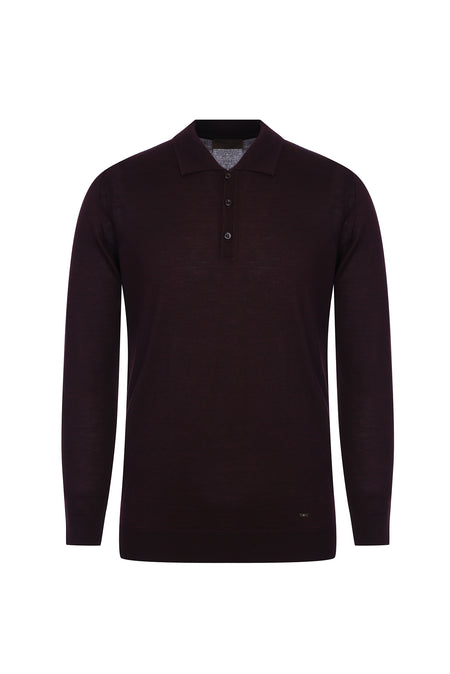 Açık Bordo Polo Yaka Regular Fit Yünlü Triko Kazak