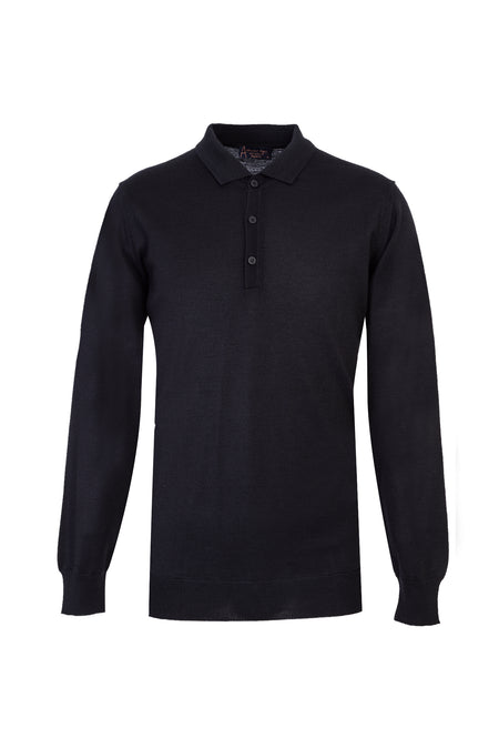 Siyah Polo Yaka Regular Fit Yünlü Triko Kazak