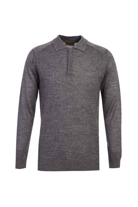 Orta Gri Polo Yaka Regular Fit Yünlü Desenli Triko Kazak
