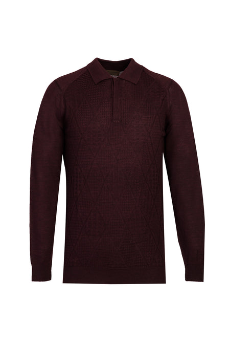 Açık Bordo Polo Yaka Regular Fit Yünlü Desenli Triko Kazak