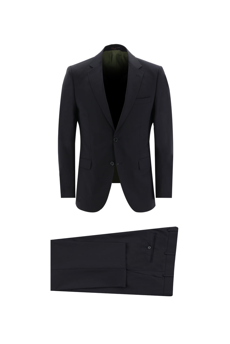 Siyah Lacivert Slim Fit Dar Kesim Yünlü Klasik Takım Elbise