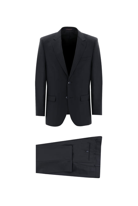 Siyah Lacivert Slim Fit Dar Kesim Yünlü Klasik Takım Elbise
