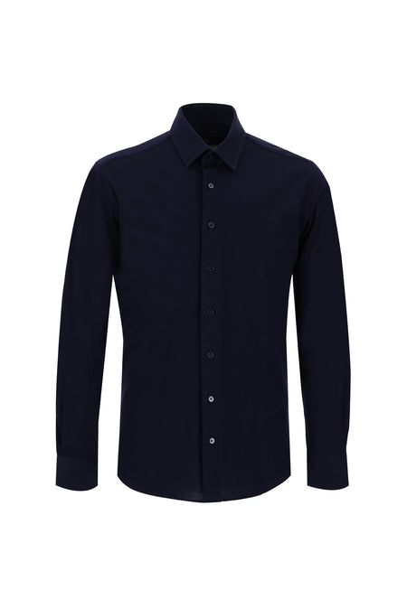 Koyu Lacivert Uzun Kol Slim Fit Dar Kesim Desenli Pamuk Gömlek
