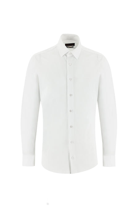 Beyaz Uzun Kol Slim Fit Dar Kesim Desenli Pamuk Gömlek