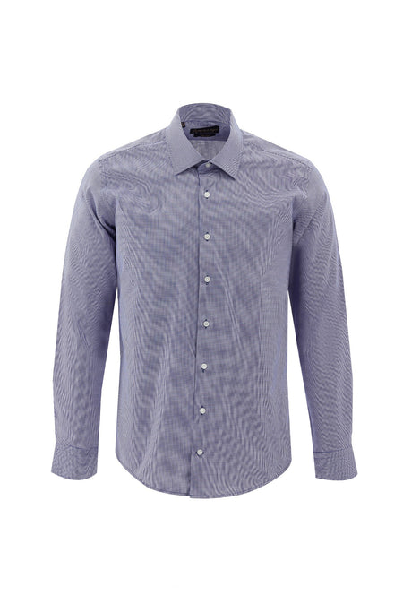 Orta Lacivert Uzun Kol Slim Fit Dar Kesim Non Iron Desenli Pamuk Gömlek