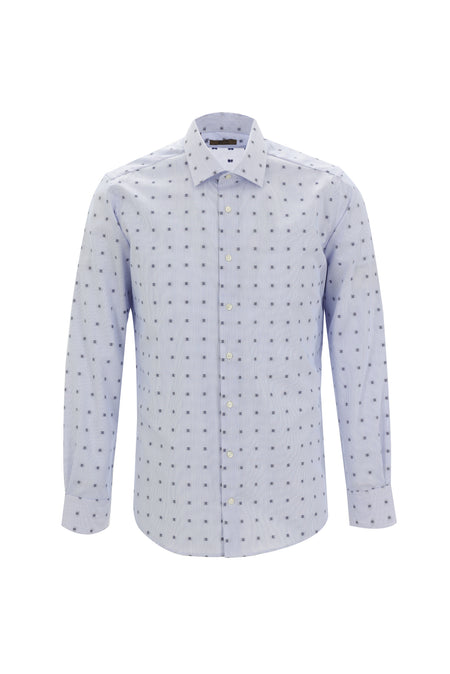 Koyu Mavi Uzun Kol Slim Fit Dar Kesim Desenli Pamuk Gömlek