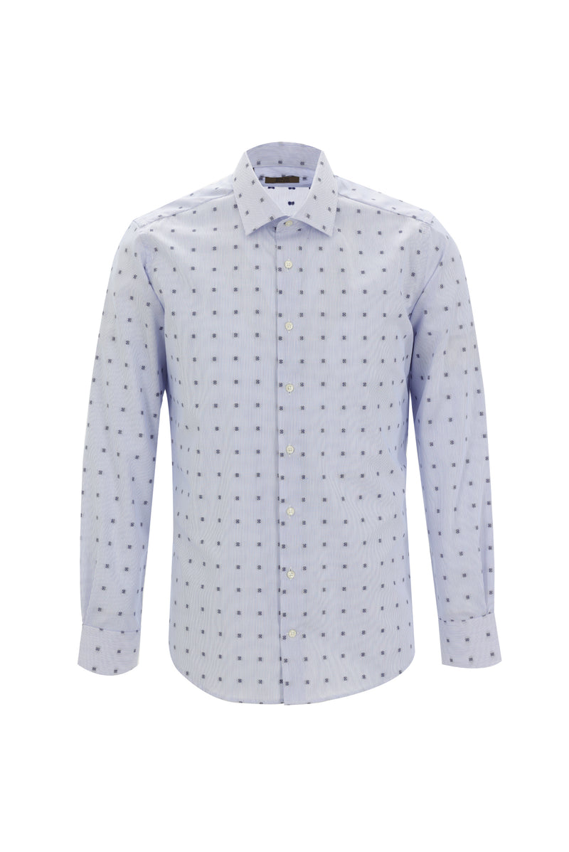 Koyu Mavi  Uzun Kol Slim Fit Dar Kesim Desenli Pamuk Gömlek