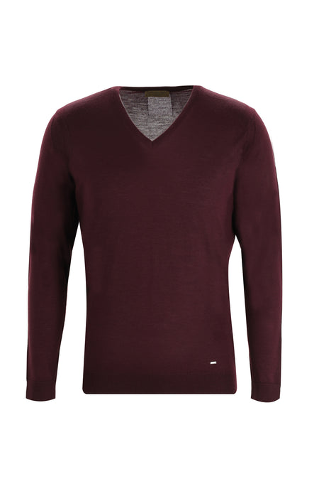 Koyu Bordo V Yaka Regular Fit Yünlü Triko Kazak