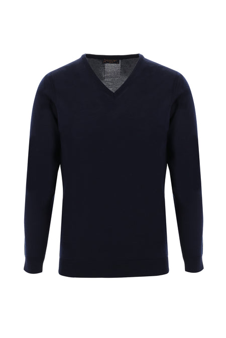 Koyu Lacivert V Yaka Slim Fit Dar Kesim Yünlü Triko Kazak