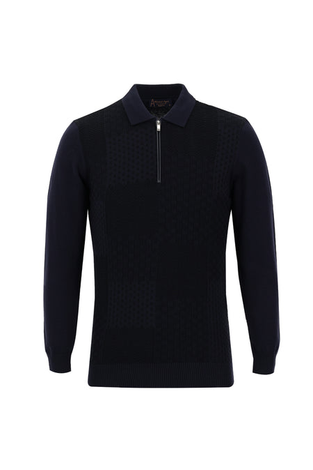 Koyu Lacivert Polo Yaka Regular Fit Fermuarlı Triko Kazak