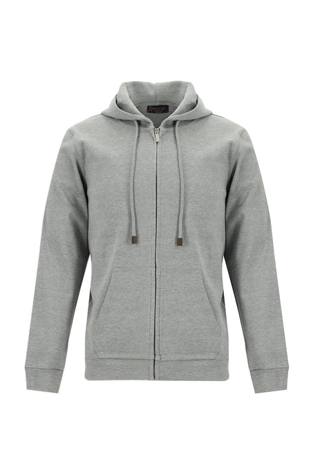 Açık Gri Melanj Kapüşonlu Regular Fit Fermuarlı Sweatshirt
