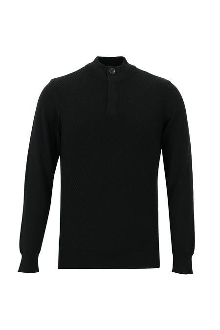 Siyah Yarım Balıkçı Yaka Slim Fit Dar Kesim Fermuarlı Desenli Pamuklu Triko Kazak