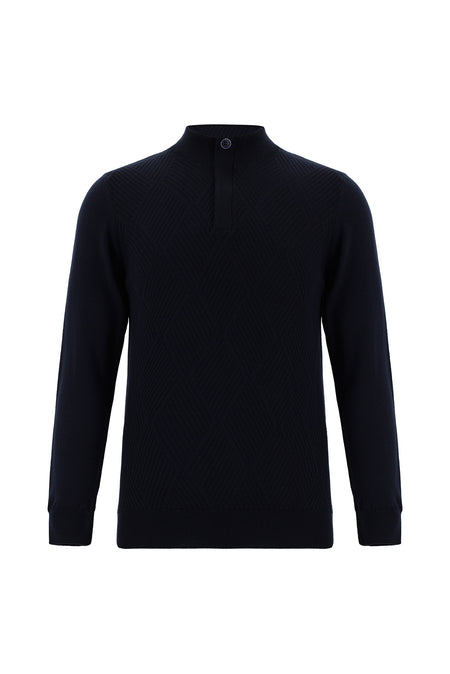 Koyu Lacivert Yarım Balıkçı Yaka Slim Fit Dar Kesim Fermuarlı Desenli Pamuklu Triko Kazak