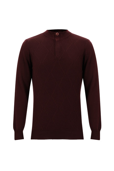 Koyu Bordo Yarım Balıkçı Yaka Slim Fit Dar Kesim Fermuarlı Desenli Pamuklu Triko Kazak
