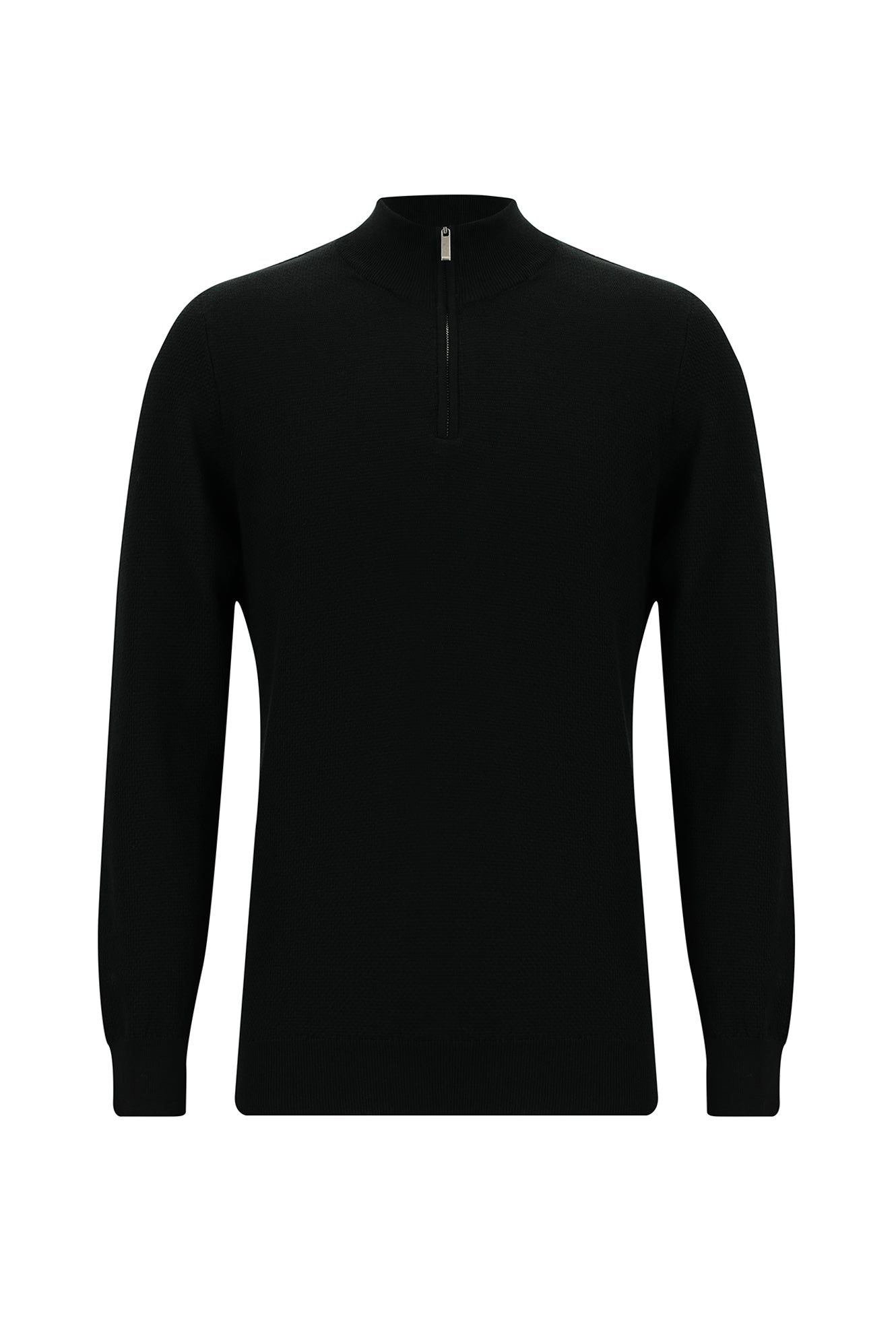 Siyah Yarım Balıkçı Yaka Regular Fit Fermuarlı Pamuklu Triko Kazak