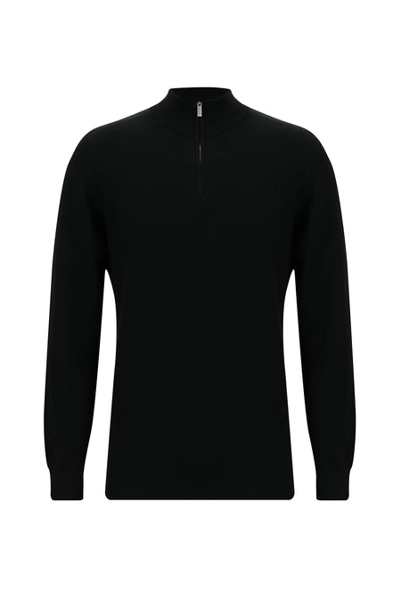 Siyah Yarım Balıkçı Yaka Regular Fit Fermuarlı Pamuklu Triko Kazak