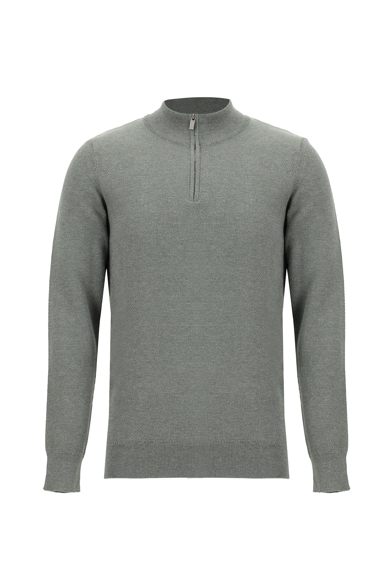 Orta Gri Melanj Yarım Balıkçı Yaka Regular Fit Fermuarlı Pamuklu Triko Kazak