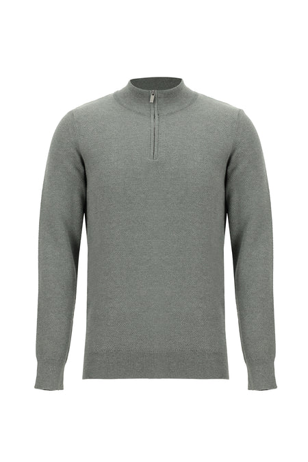 Orta Gri Melanj Yarım Balıkçı Yaka Regular Fit Fermuarlı Pamuklu Triko Kazak