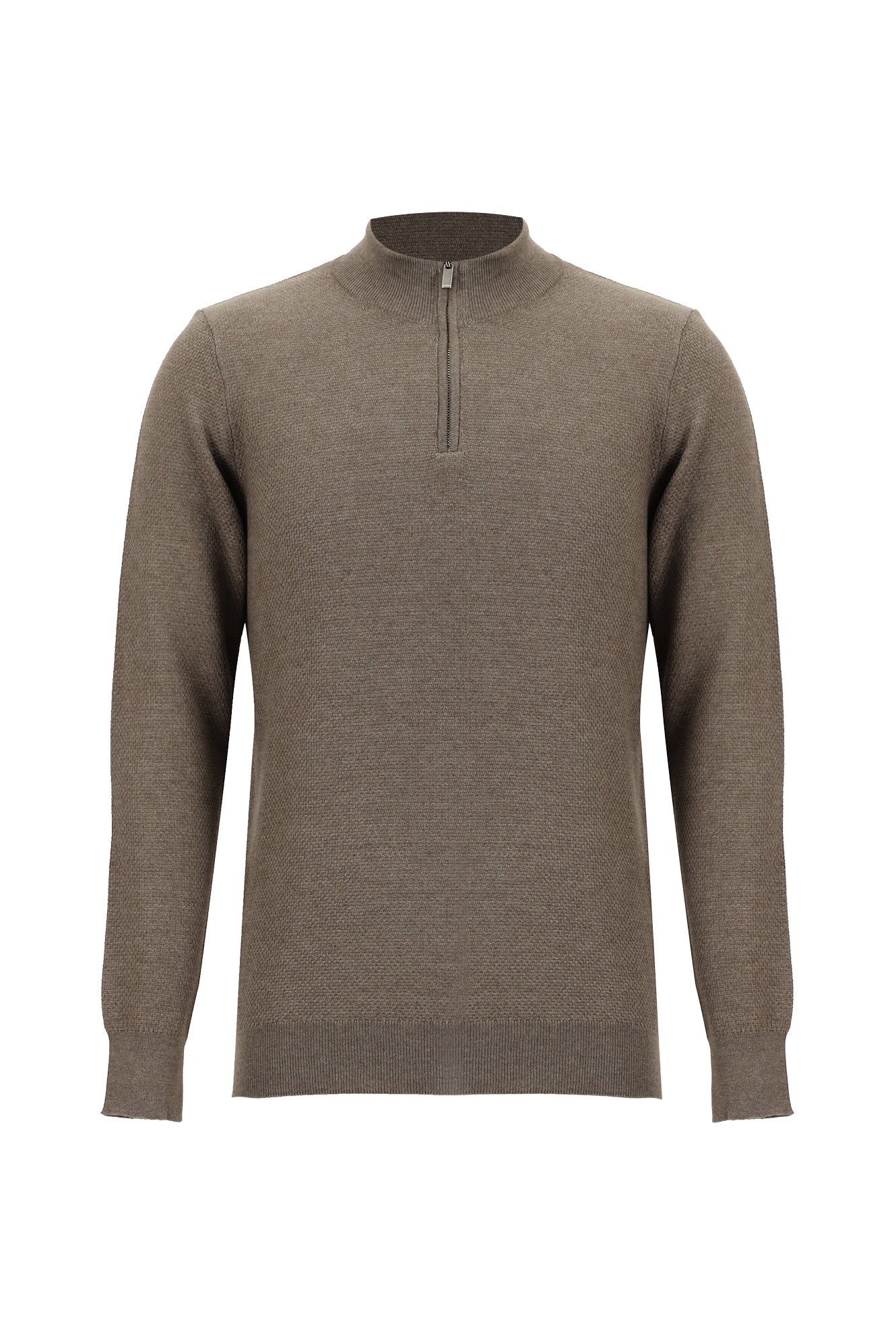 Açık Kahve Melanj Yarım Balıkçı Yaka Regular Fit Fermuarlı Pamuklu Triko Kazak