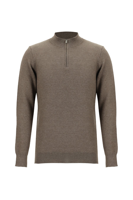 Açık Kahve Melanj Yarım Balıkçı Yaka Regular Fit Fermuarlı Pamuklu Triko Kazak