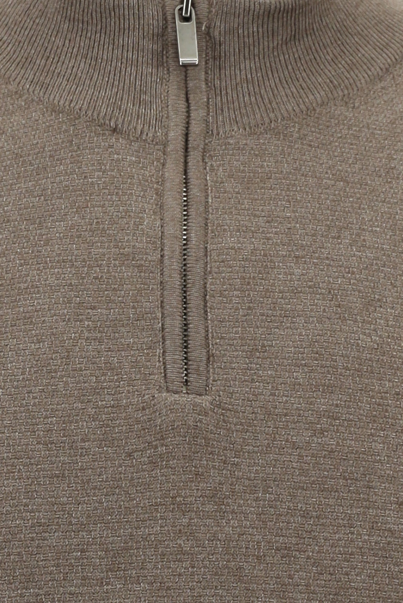 Açık Kahve Melanj Yarım Balıkçı Yaka Regular Fit Fermuarlı Pamuklu Triko Kazak