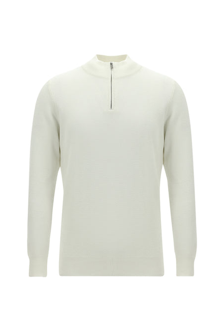 Ekru Yarım Balıkçı Yaka Regular Fit Fermuarlı Pamuklu Triko Kazak