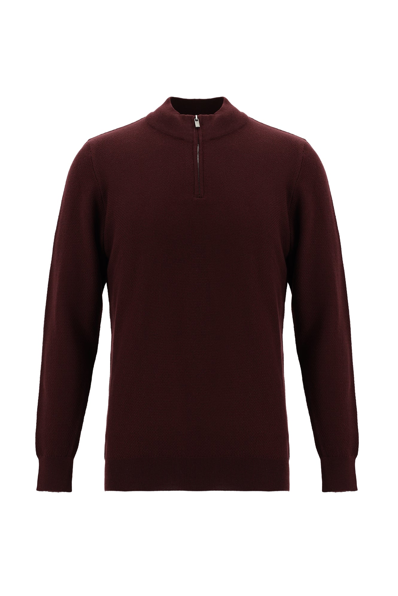 Koyu Bordo Yarım Balıkçı Yaka Regular Fit Fermuarlı Pamuklu Triko Kazak