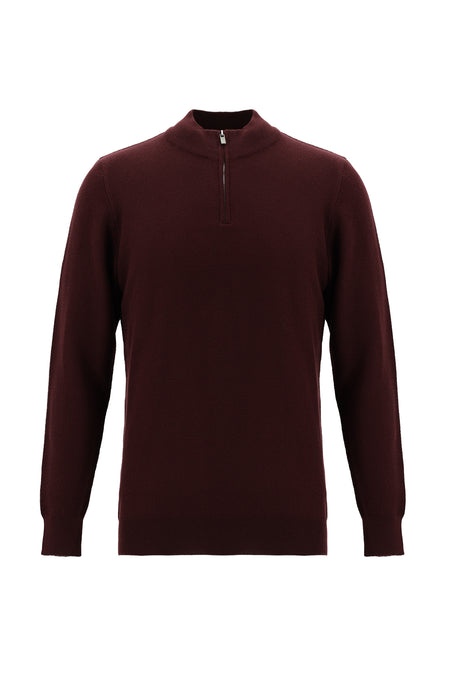 Koyu Bordo Yarım Balıkçı Yaka Regular Fit Fermuarlı Pamuklu Triko Kazak