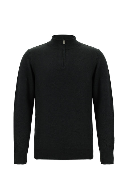 Koyu Antrasit Melanj Yarım Balıkçı Yaka Regular Fit Fermuarlı Pamuklu Triko Kazak