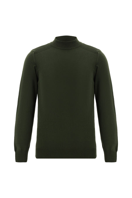 Orta Haki Yarım Balıkçı Yaka Slim Fit Dar Kesim Pamuklu Triko Kazak