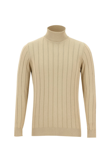 Açık Bej Balıkçı Yaka Slim Fit Dar Kesim Desenli Triko Kazak